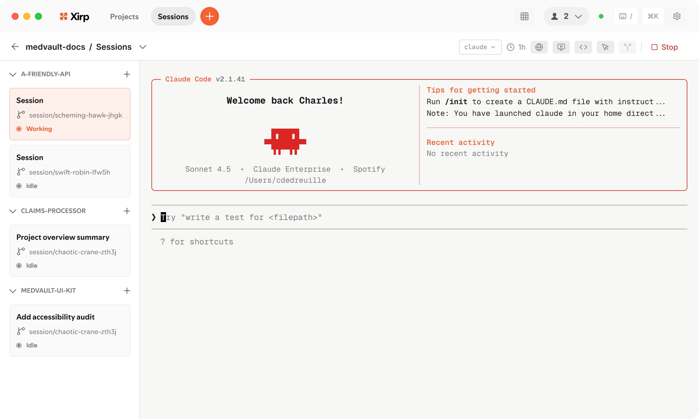 The Xirp desktop app: a session list beside an active Claude Code session with project context