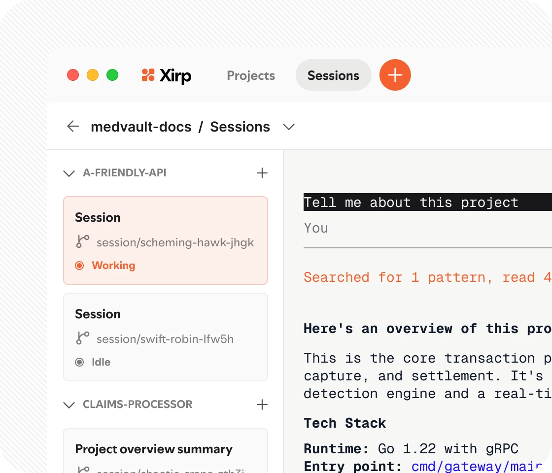 A Xirp session grounded with project overview, tech stack, and entry points