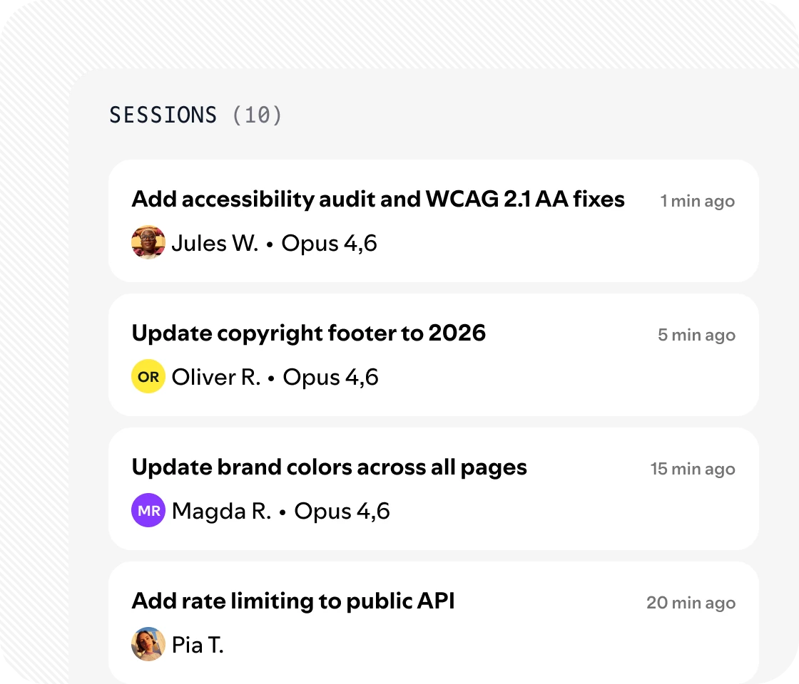 Workspace in Portal: a sessions list showing recent work by engineers and agents